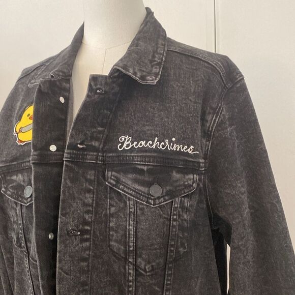 Embellished Black Oversized Denim Jacket Size L - Picture 3 of 11